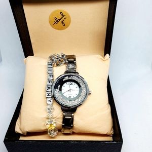 Custom name bracelet with small charm and watch